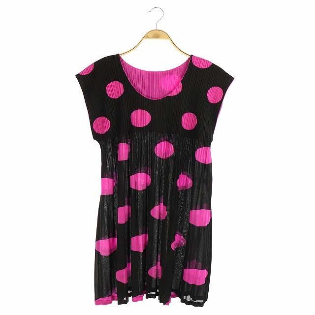 超激安 プリーツプリーズ イッセイミヤケ ドット柄 プリーツチュニック ミニワンピース ワイド フレンチスリーブ 3 黒 ピンク レディース ベクトル 古着 代引き手数料無料 Www Technet 21 Org