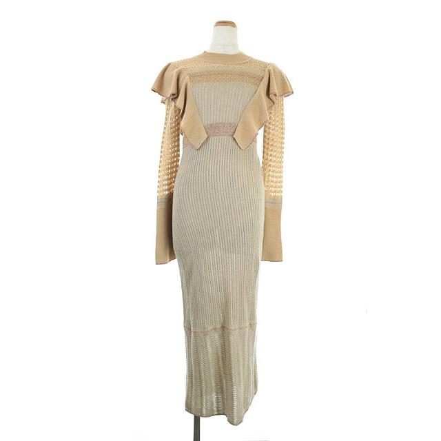 人気満点 Mm18ss Kn040 グレージュ キャメル 2 長袖 ラメ ロング フリル ワンピース ニットドレス Dress Knit Pattern Nostalgic 中古 マメクロゴウチ Nostalgic 中古 マメクロゴウチ Kurogouchi Mame ワンピース チュニック Maisercher Lu