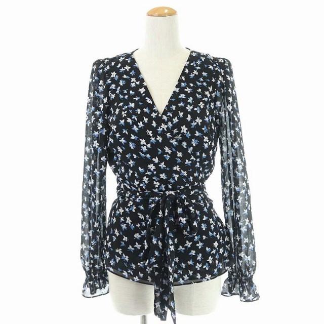 中古 未使用品 信頼 マイケルマイケルコース 花柄 トップス ブラウス 長袖 ウエストベルトリボン ベクトル 古着 ブルー ホワイト ブラック S カシュクール