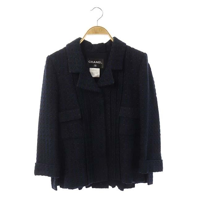 中古 シャネル Chanel バックプリーツラメツイードジャケット シングル 七分袖 ロールアップ 36 紺 黒 ネイビー ブラック Pv ベクトル 古着 登場