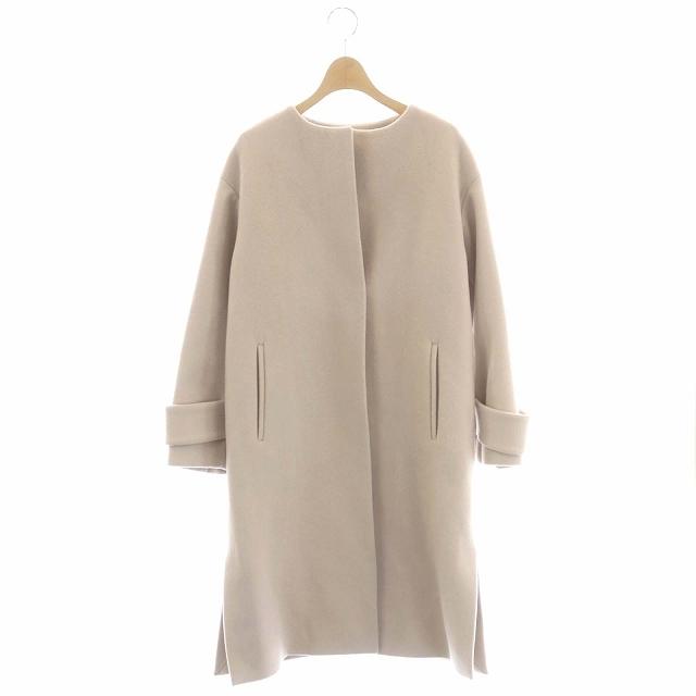 中古 グリーンレーベルリラクシング ユナイテッドアローズ アンゴラビーバースリットノーカラーコート ロング 36 ピンクベージュ レディース 大量入荷