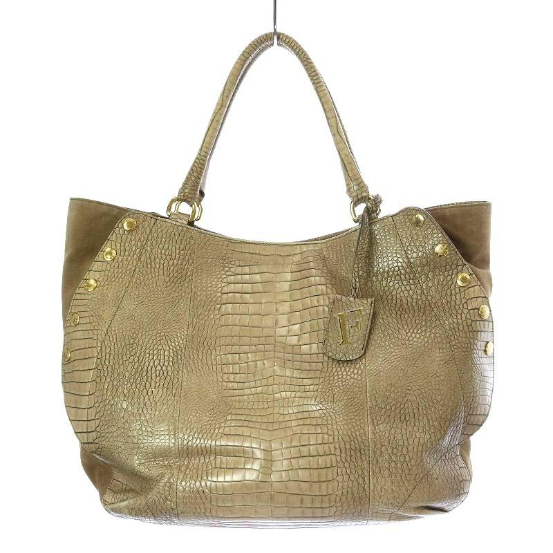 フルラ FURLA ハンドバッグ クロコ型押し レザー スエード 切替 茶色