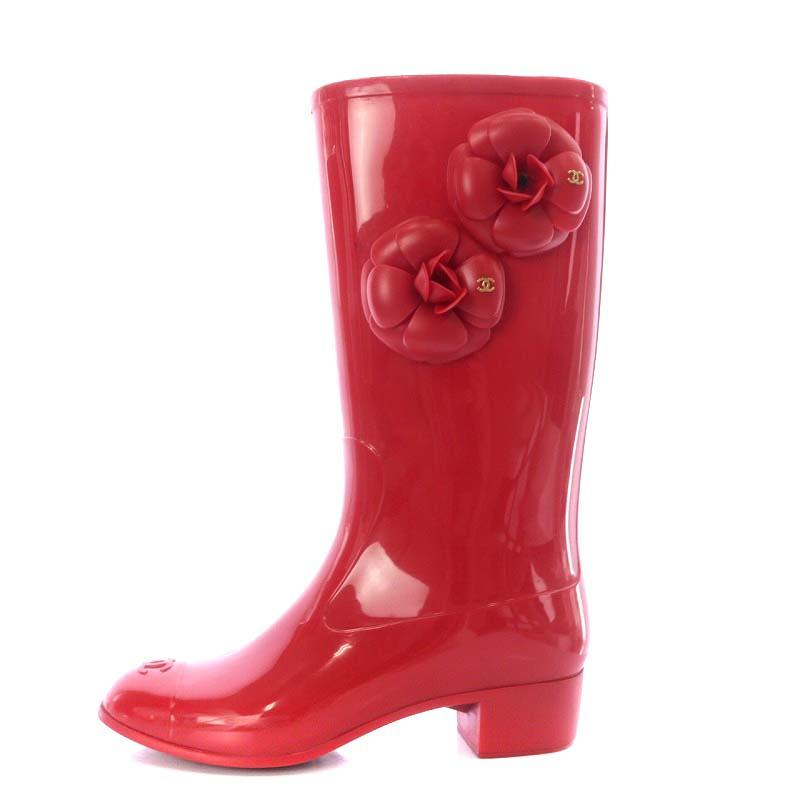 短納期早者勝ち！ 正規品CHANELレインブーツ☆赤カメリア☆ カメリア