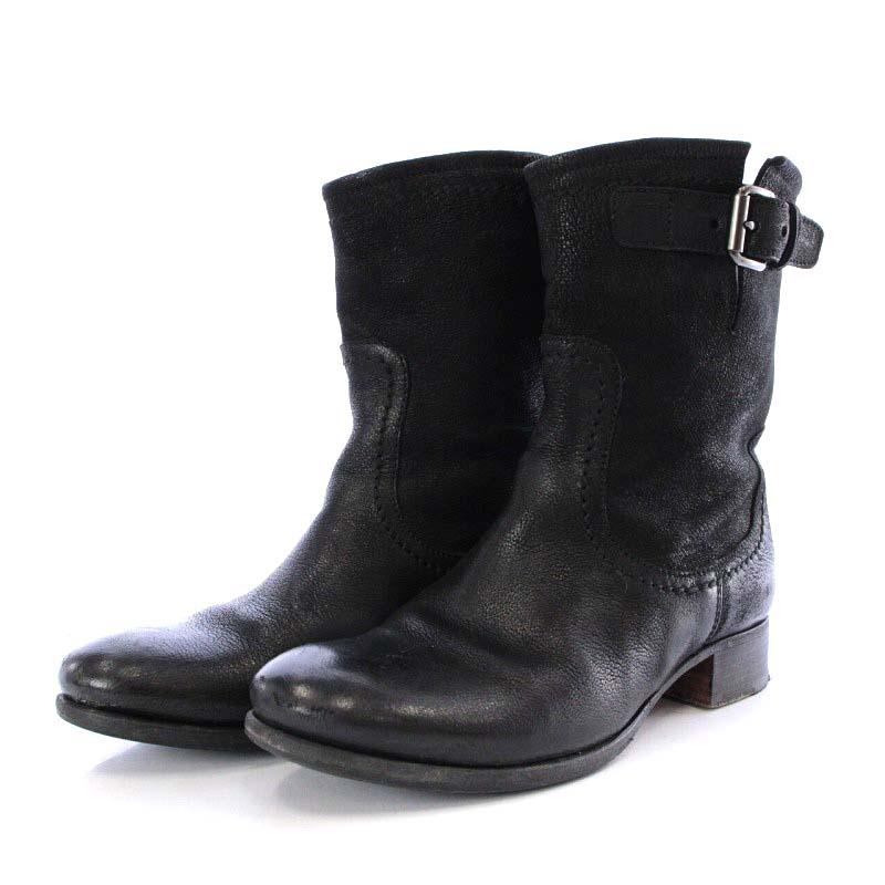 プラダ PRADA エンジニアブーツ ショート ローヒール レザー 34 21cm 