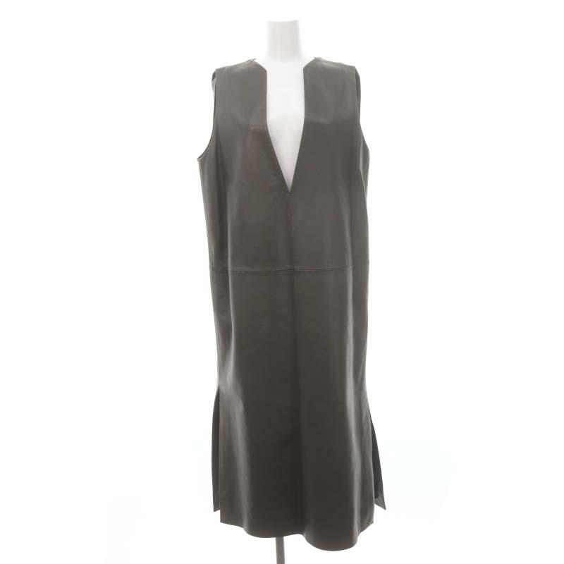 エブール ebure 21AW レザー ノースリーブワンピース ロング 38 カーキ  