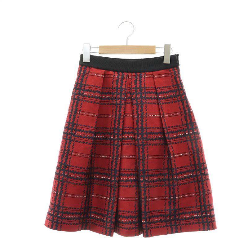 アナイ ANAYI チェック柄タックフレアスカート ロング ミモレ 36 S 赤  