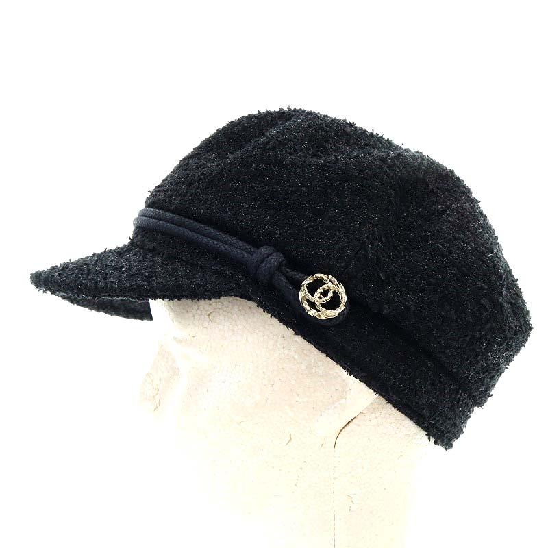 シャネル CHANEL 帽子 キャスケット ツイード ココマーク M 黒 