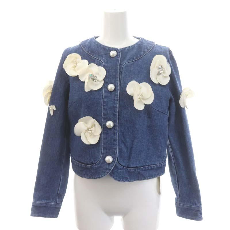 チェスティ Chesty フラワー デニム ジャケット ノーカラー パール  