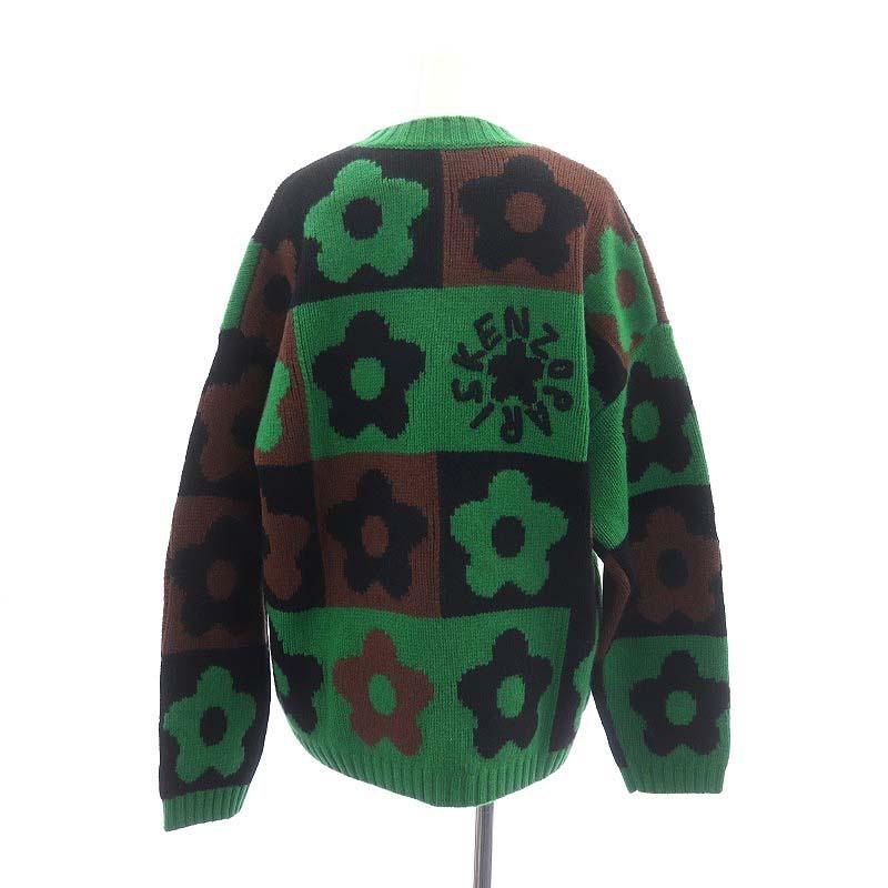 未使用品 ケンゾー KENZO BOKE CHECKERBOARD JUMPERニット セーター 長袖 花柄 ウール M 緑 黒 茶 /MI ■OS ■SH レディース｜vectorpremium｜02