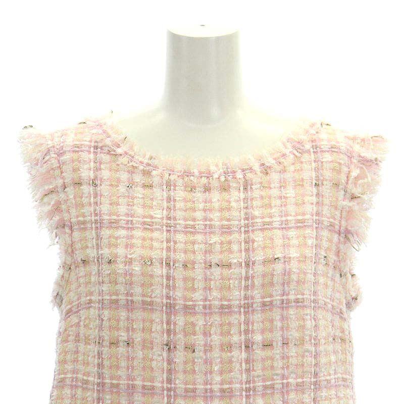 Rene ルネ 22年 ツイード ワンピース 膝丈 ノースリーブ リネン混 36  