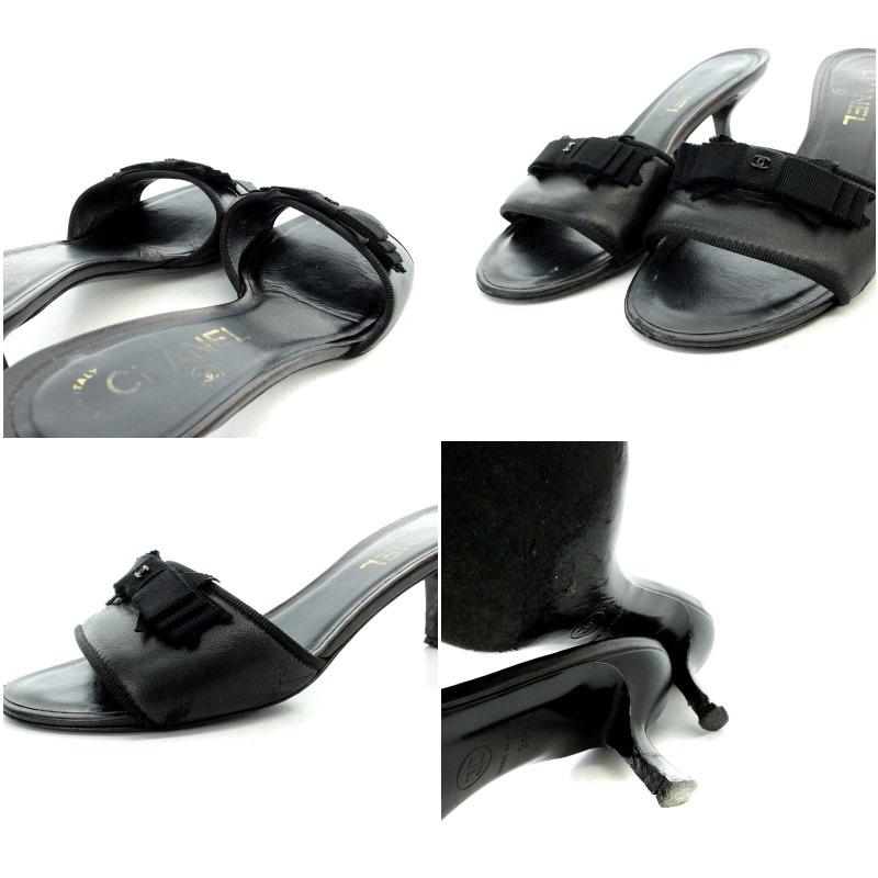 CHANEL ブラックレザー ミュール　美品 CHANEL ブラック レザー ミュール ヒール約5cm リボン付き