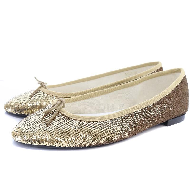 レペット Repetto スパンコール パンプス リボン 39 24.7cm ゴールド色 