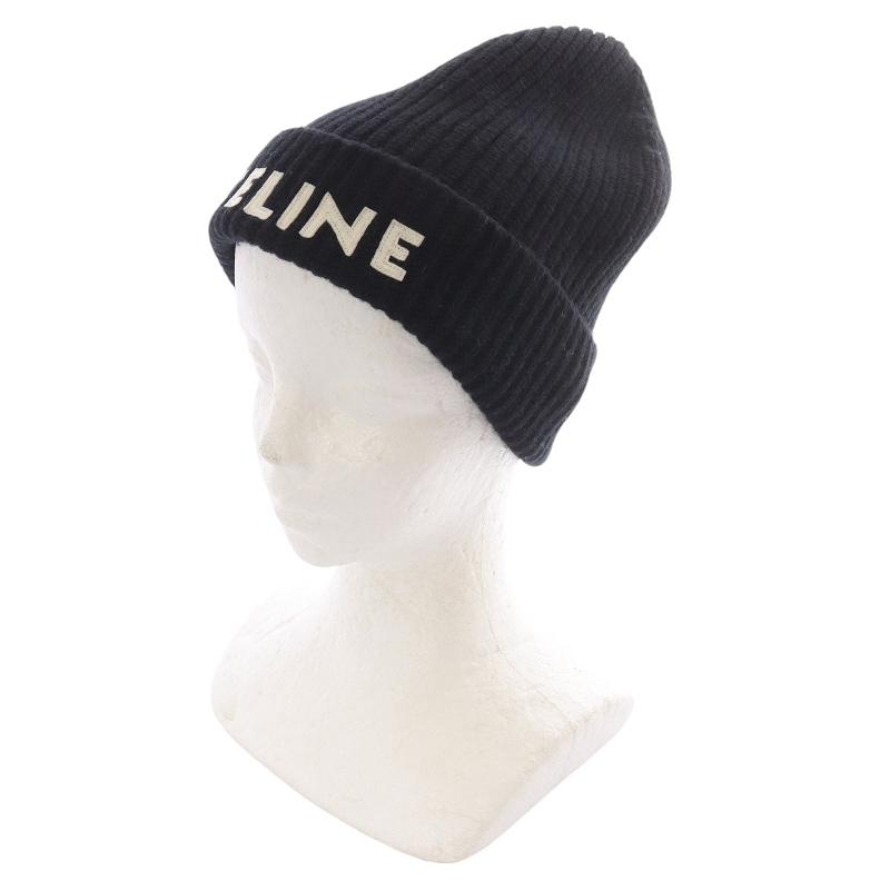 セリーヌ CELINE エンブロイダリー ニット帽 ウール ブラック