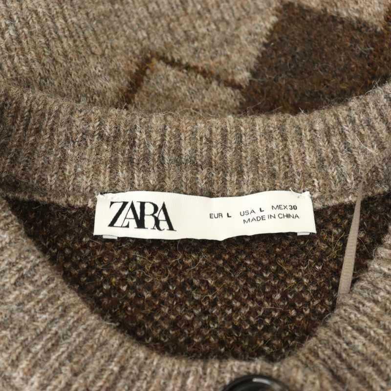 ZARA（ザラ） アーガイル柄 クルーネック カーディガン ニット 長袖 L 
