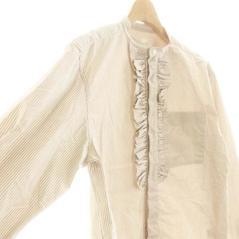 【中古】ドゥロワー コットンストライプフリルスタンドカラーシャツ 長袖 38 モカ ホワイト /DO ■OS ドゥロワー Drawer コットンストライプフリルスタンドカラーシャツ