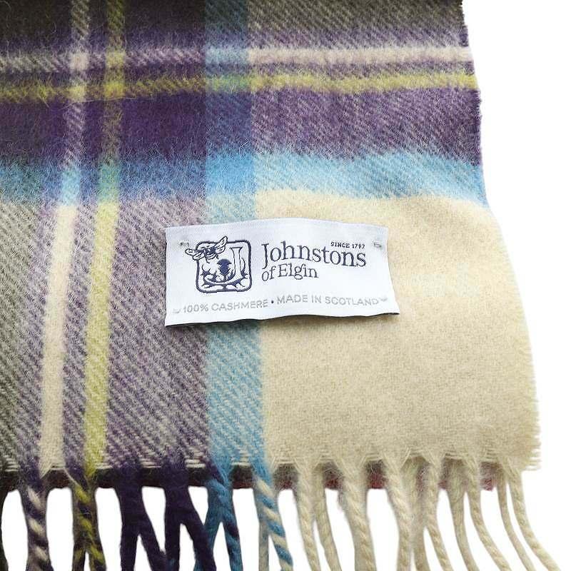 ジョンストンズ オブ エルガン カシミヤ100％ チェック柄 マフラー 緑×紫 ジョンストンズオブエルガン Johnstons of Elgin カシミヤ フリンジ