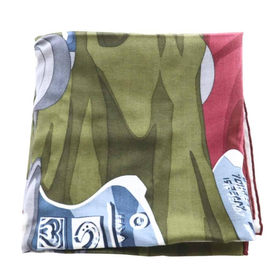 【中古】エルメス HERMES カレH100 HORSE REALITY カシミヤスカーフ 馬柄 総柄 カーキ 赤 レッド マルチカラー HERMES（エルメス） カレH100 HORSE REALITY カシミヤスカーフ 馬柄 総