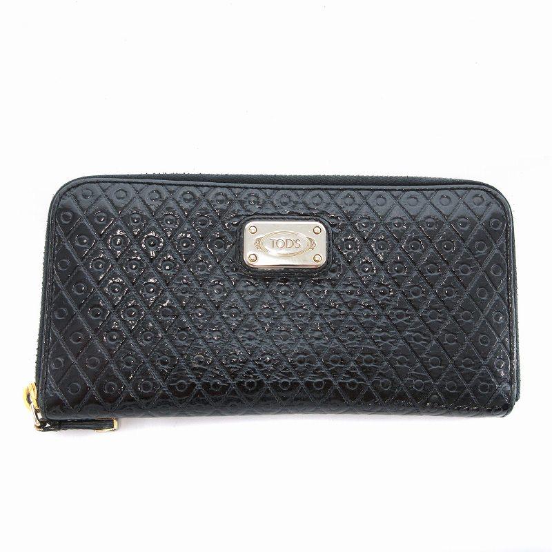 トッズ TOD'S 長財布 ウォレット エナメル ラウンドファスナー ロゴ 黒