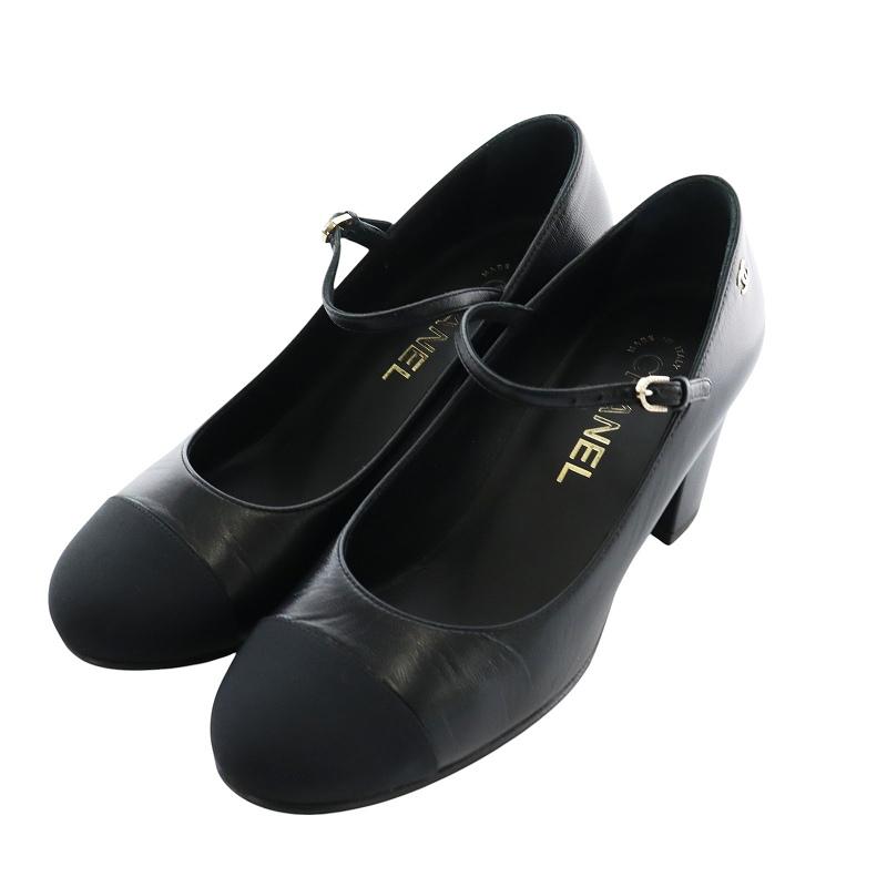 シャネル CHANEL Mary Janes Goatskin Grosgrain パンプス ストラップ ラウンドトゥ チャンキーヒール ココマーク 37C 黒 24A G45835