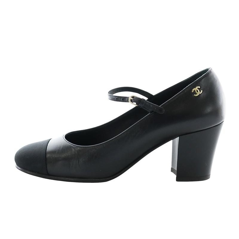 シャネル CHANEL Mary Janes Goatskin Grosgrain パンプス ストラップ ラウンドトゥ チャンキーヒール ココマーク 37C 黒 24A G45835の画像