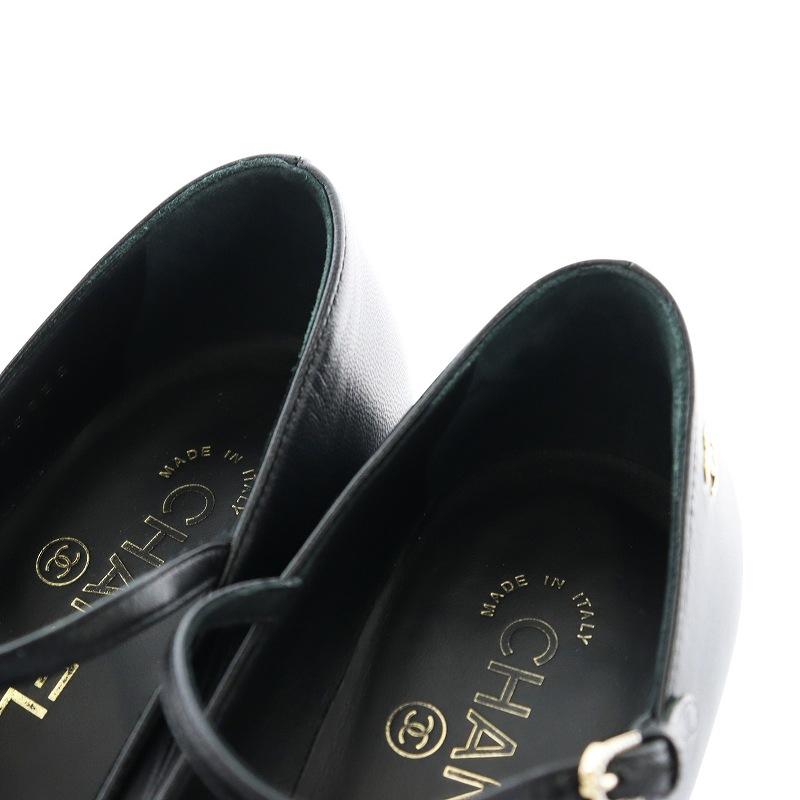 シャネル CHANEL Mary Janes Goatskin Grosgrain パンプス ストラップ ラウンドトゥ チャンキーヒール ココマーク 37C 黒 24A G45835の画像