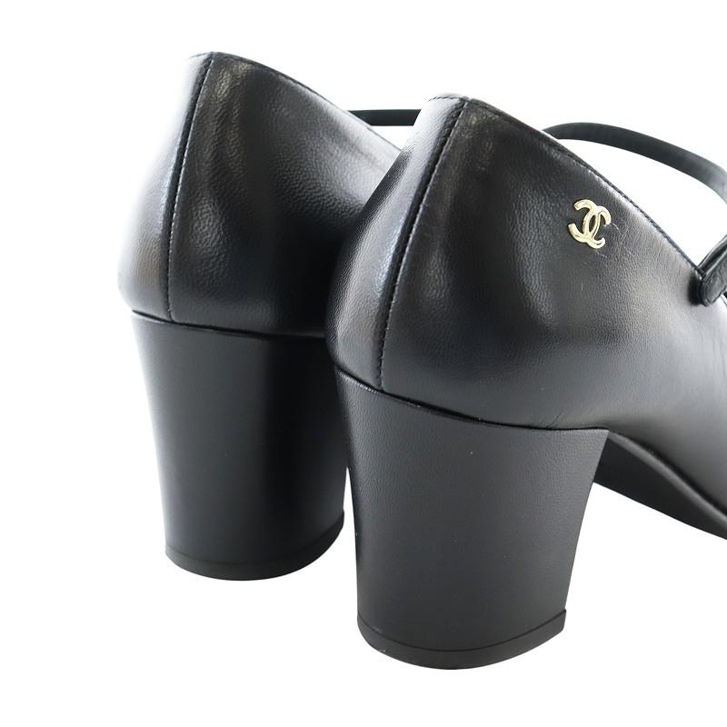 シャネル CHANEL Mary Janes Goatskin Grosgrain パンプス ストラップ ラウンドトゥ チャンキーヒール ココマーク 37C 黒 24A G45835の画像