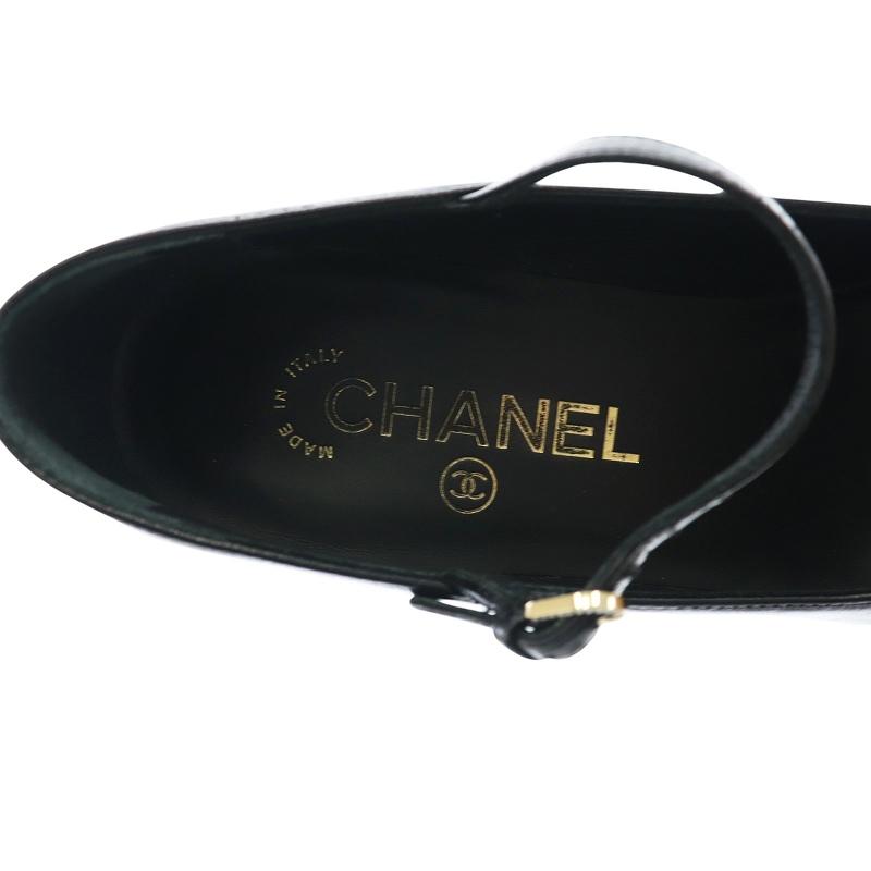 シャネル CHANEL Mary Janes Goatskin Grosgrain パンプス ストラップ ラウンドトゥ チャンキーヒール ココマーク 37C 黒 24A G45835の画像