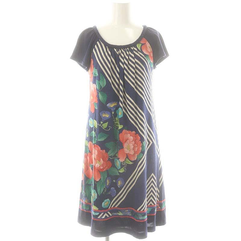 LEONARD レオナール フラワープリント ウール100％ 七分袖 ひざ丈