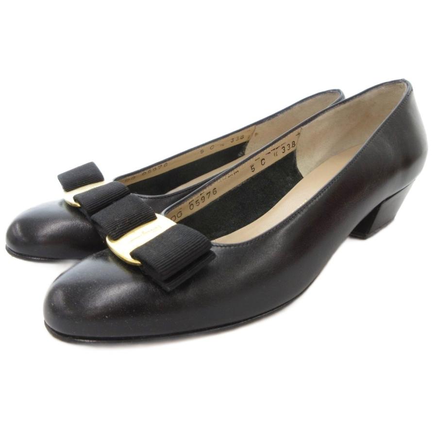 【良品】サルヴァトーレフェラガモ パンプス ヴァラ リボン 黒 22.5〜23 FERRAGAMO サルヴァトーレフェラガモ Salvatore Ferragamo