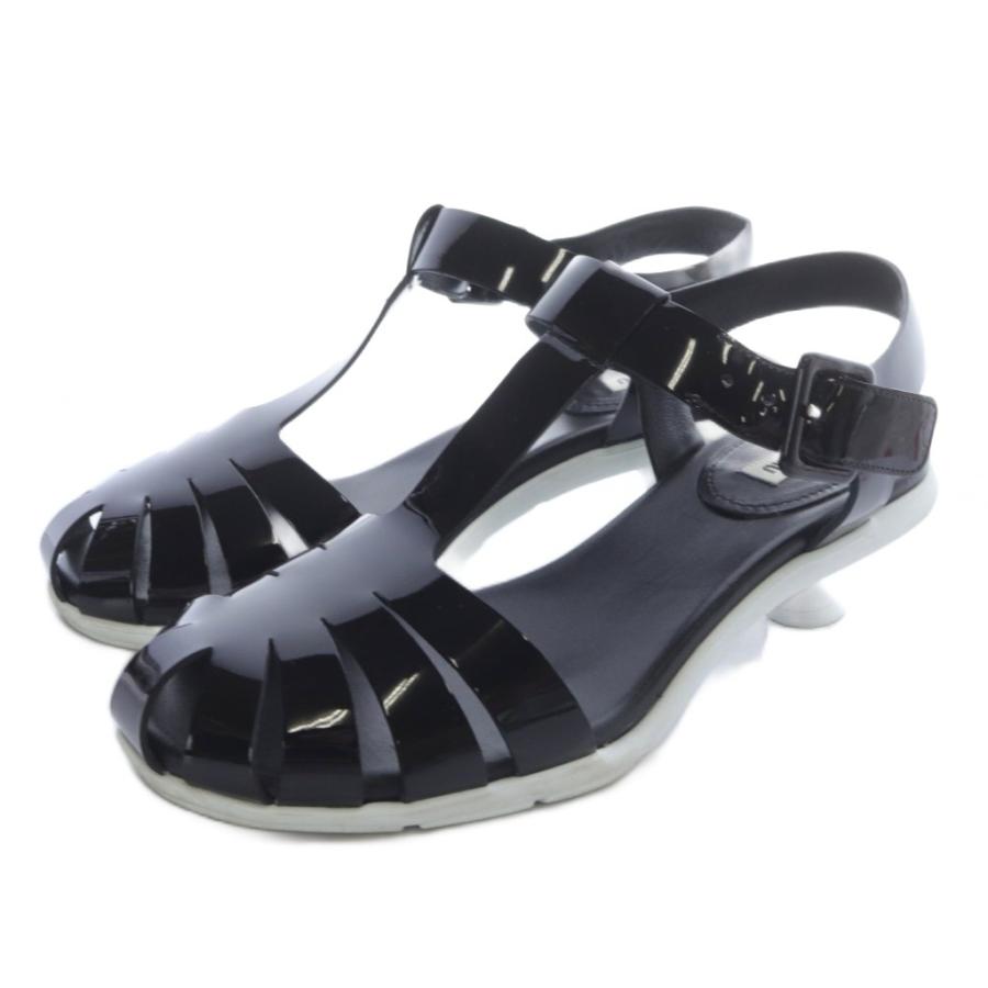 【中古】ミュウミュウ ヒール グルカサンダル ストラップ 37 黒 ブラック 白 ホワイト /SR19 レディース miu ミュウミュウ miumiu パテントレザー ヒール グルカサンダル