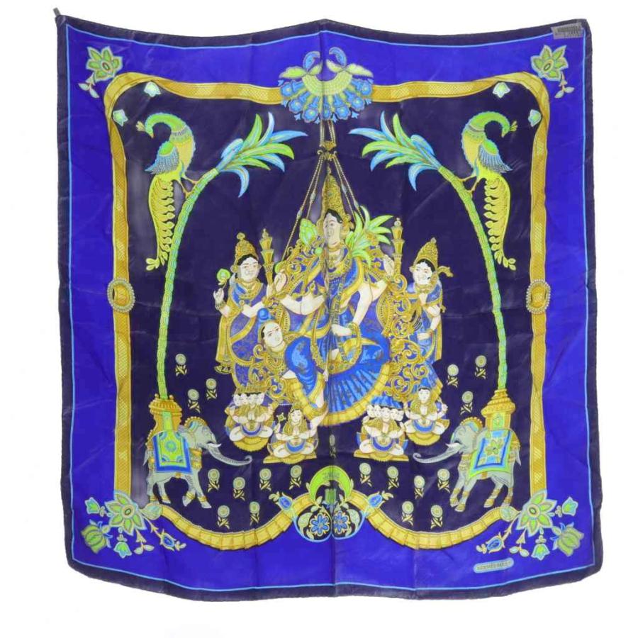 【中古】エルメス HERMES india スカーフ 総柄 シルク 青 ブルー カレ90 /SR ■OH レディース HERMES（エルメス） HERMES india スカーフ 総柄 シルク 青 ブルー