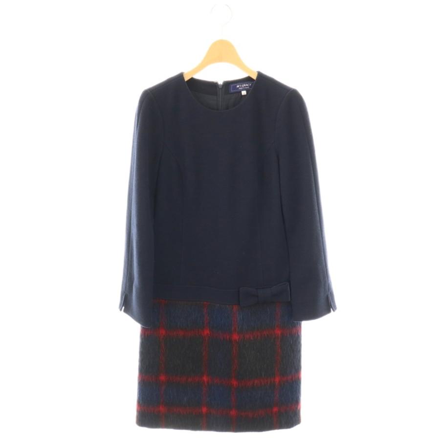 美品 M'S GRACY 2021年 チェック 切替 ワンピース ブラック 36 エムズグレイシー M'S GRACY チェック 切替 ワンピース 36 紺 赤 黒