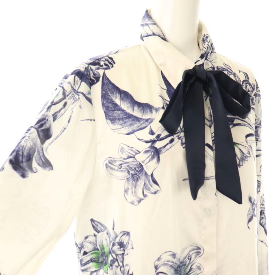 ZARA ザラ リボン付 フラワープリントシャツ サテン M オフ