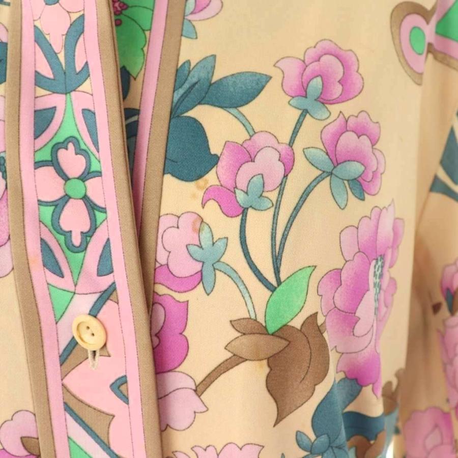 レオナール 花柄長袖ベルト付き ひざ丈レディース ワンピース 黄色 サイズLL LEONARD レオナール フラワーデザイン前開きワンピース ひざ丈