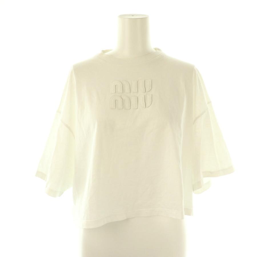 【中古】ミュウミュウ miumiu 23AW エンボスロゴ入り コットンジャージー Tシャツ カットソー 半袖 S ホワイト MJN385 miu miu（ミュウミュウ） miumiu 23AW エンボスロゴ入り コットン