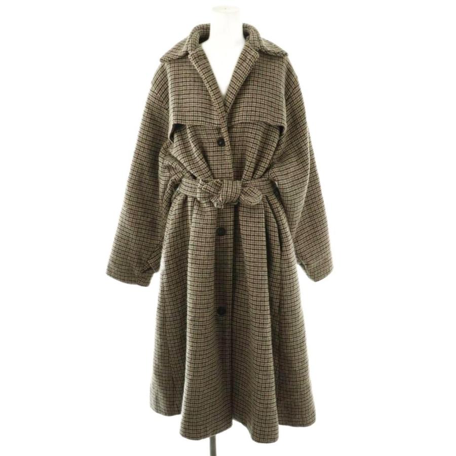 ローレン Louren ウール混 チェック ロングコート ステンカラー グレー 
