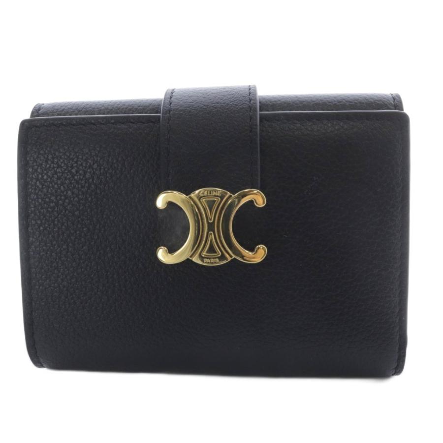 【極美品】セリーヌ　トリオンフ　レザー　三つ折り財布　黒　ブラック　676 CELINE》トリオンフコンパクトウォレット ブラック×ブラック (CELINE
