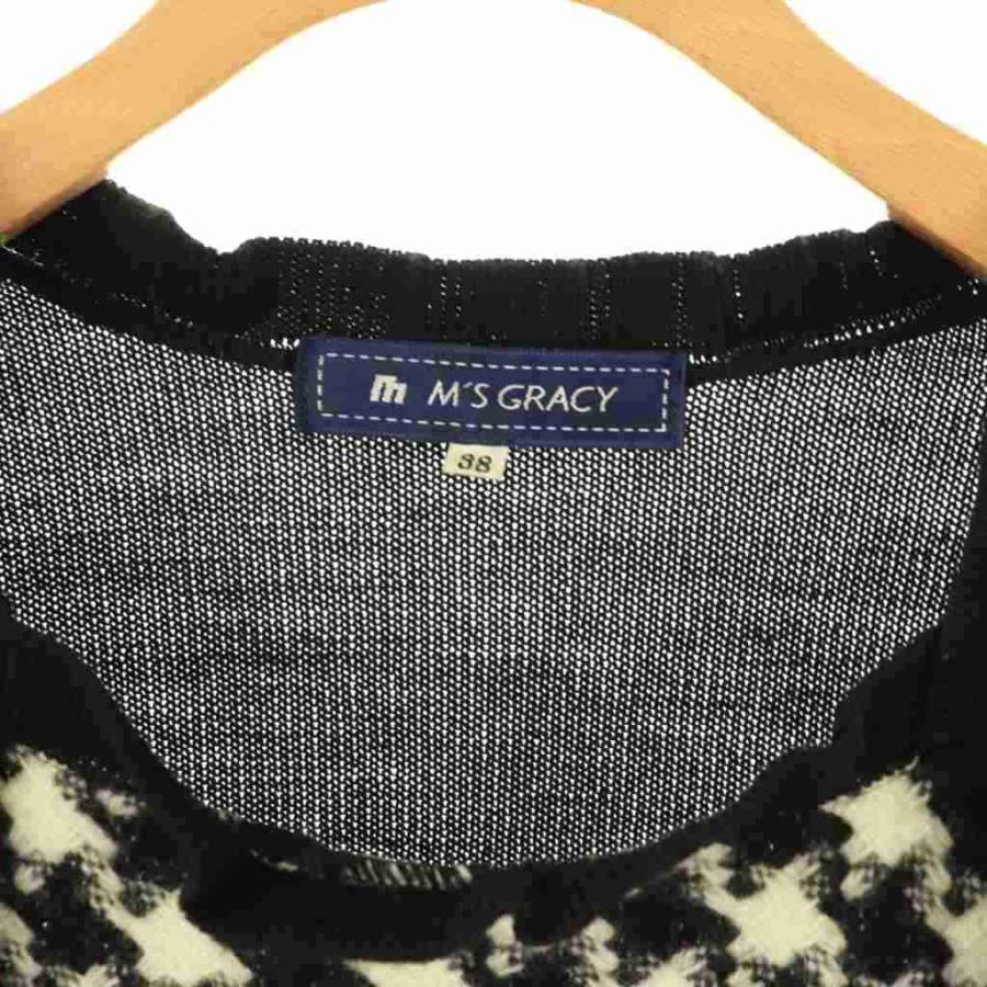 極美品　近年モデル　エムズグレイシー　千鳥ニットドレス　ドッキング　黒　リボン エムズグレイシー M'S GRACY ウール混千鳥格子ニットプルオーバー