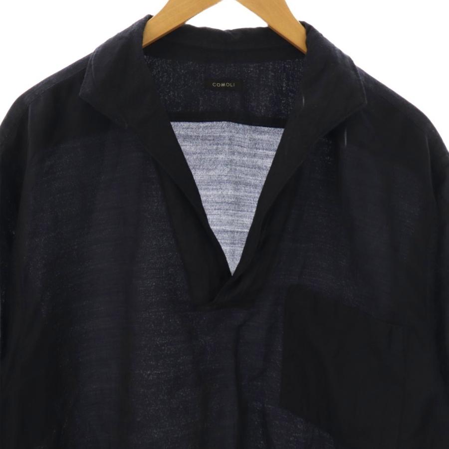 コモリ COMOLI ウールシルクスキッパーシャツ 半袖 3 ネイビー /HK