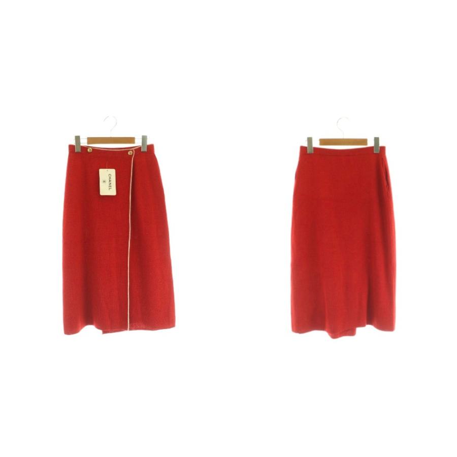 【中古】シャネル ラインデザイン ニット3ピース セットアップ アンサンブル カーディガン セーター スカート S M 赤 CHANEL（シャネル） ヴィンテージ ラインデザイン ニット3ピース