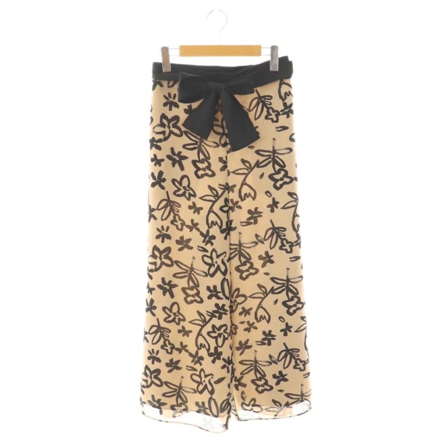 【中古】エムズグレイシー M'S GRACY 25年製 総柄 ワイドパンツ リボンベルト付き 38 ベージュ ブラック エムズグレイシー M'S GRACY 25年製 総柄 ワイドパンツ リボンベルト