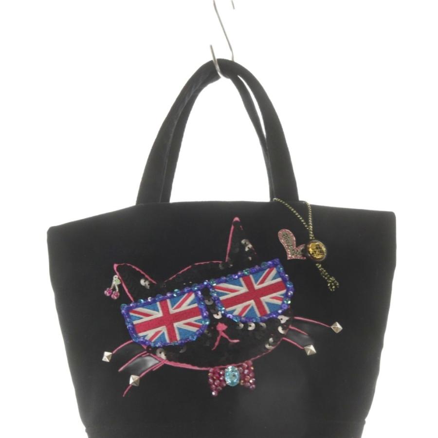 Think Bee! 刺繍入りハンドバッグ 黒 シンクビー! Think Bee 猫スパンコール刺繍 トートバッグ ハンドバッグ