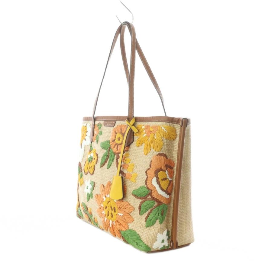 TORY BURCH（トリーバーチ） トートバッグ ストロー 花柄刺繍 茶色 