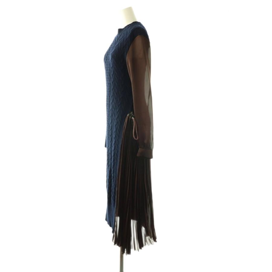 美品♡sacai フリル ニット 異素材 切り替え コットン ネイビー 1 サカイ sacai ニット切り替えワンピース ロング 1 ネイビー ブラウン