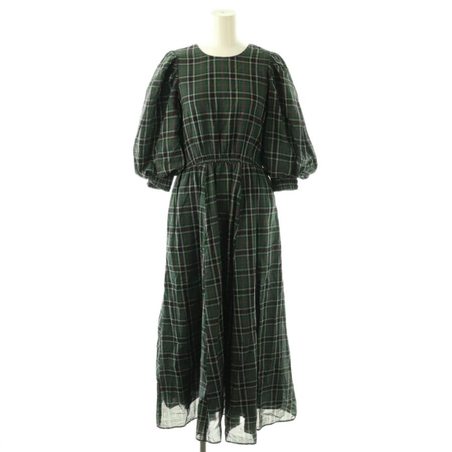 ヌキテパ　ロングワンピース　緑チェック　スキッパー　長袖 未使用品 ヌキテパ NE QUITTEZ PAS! Cotton Voile Check Volume Sleeve