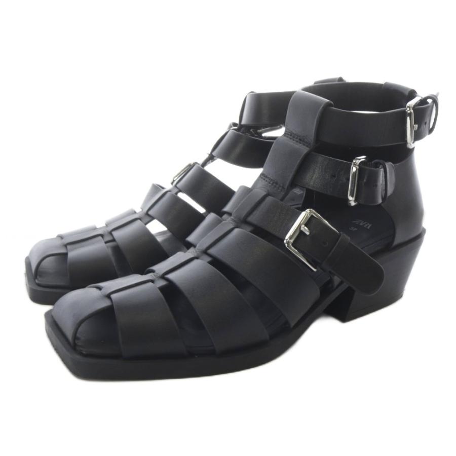 ZARA（ザラ） グルカサンダル レザー スクエアトゥ 37 黒 ブラック /SR