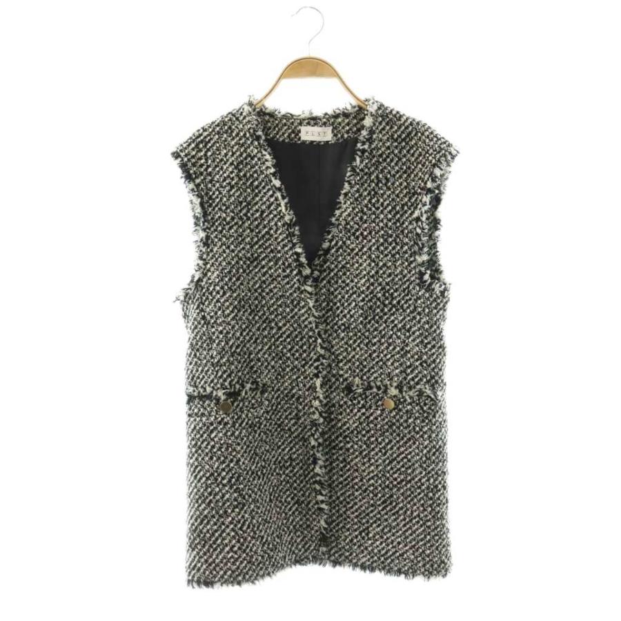 【美品】PLST ツイードミドルジレ S ブラック・ホワイト プラステ PLST ツイードミドルジレ ベスト フリンジ S ブラック /MY