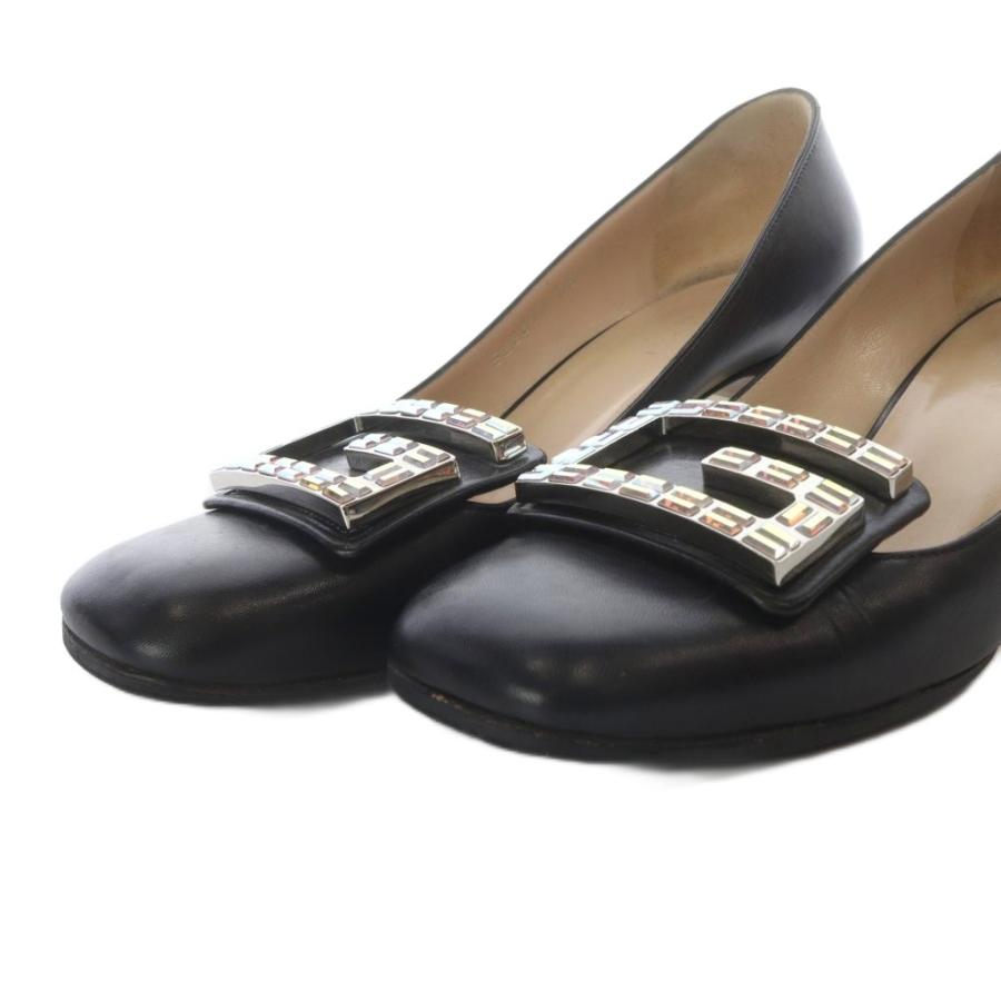グッチ GUCCI ビジュー装飾スクエアトゥパンプス クリスタル Gロゴ チャンキーヒール レザー 35.5 ブラック 522697 /YO21_4