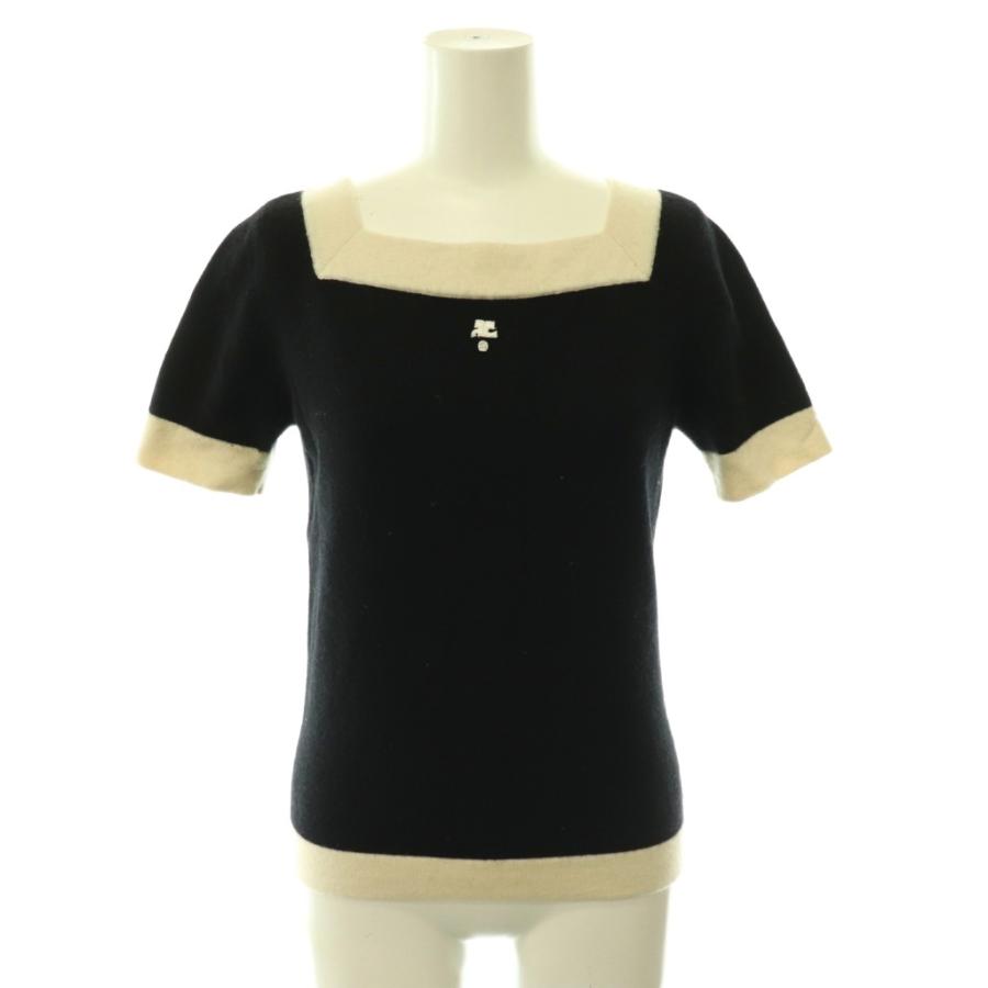 美品 クレージュ 半袖ロゴニット 38サイズ クレージュ courreges ロゴ スクエアネック ニット セーター カシミヤ