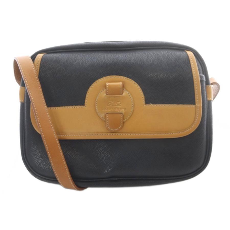Courregesクレージュラウンドショルダーレザーロゴ型押し美品本革紺